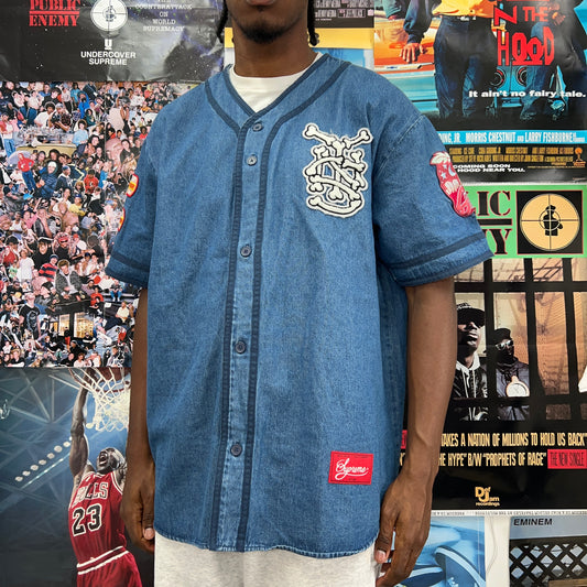 SUPREME SS21 PATCHES DENIM BASEBALL JERSEY