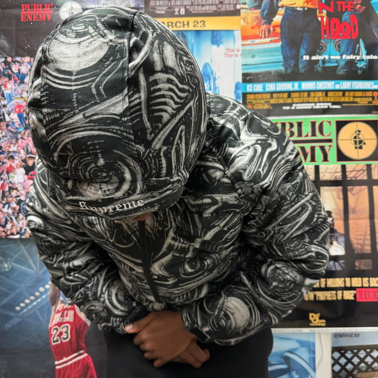 SUPREME H.R. GIGER FW23 JACQUARD DOWN PUFFER JACKET