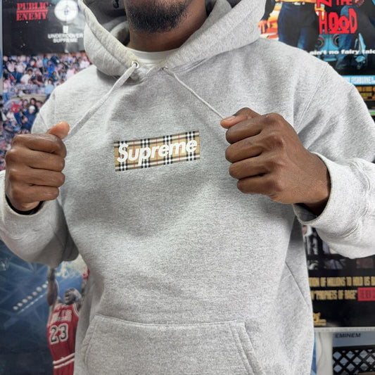SUPREME BURBERRY SS22 BOX LOGO GREY HOODED SWEATSHIRT