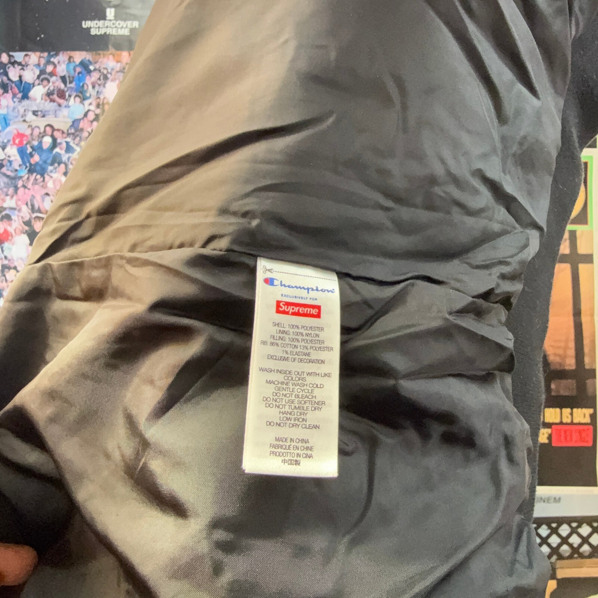 SUPREME FW26 CHAMPION QUILTED SATIN VARSITY BLACK JACKET