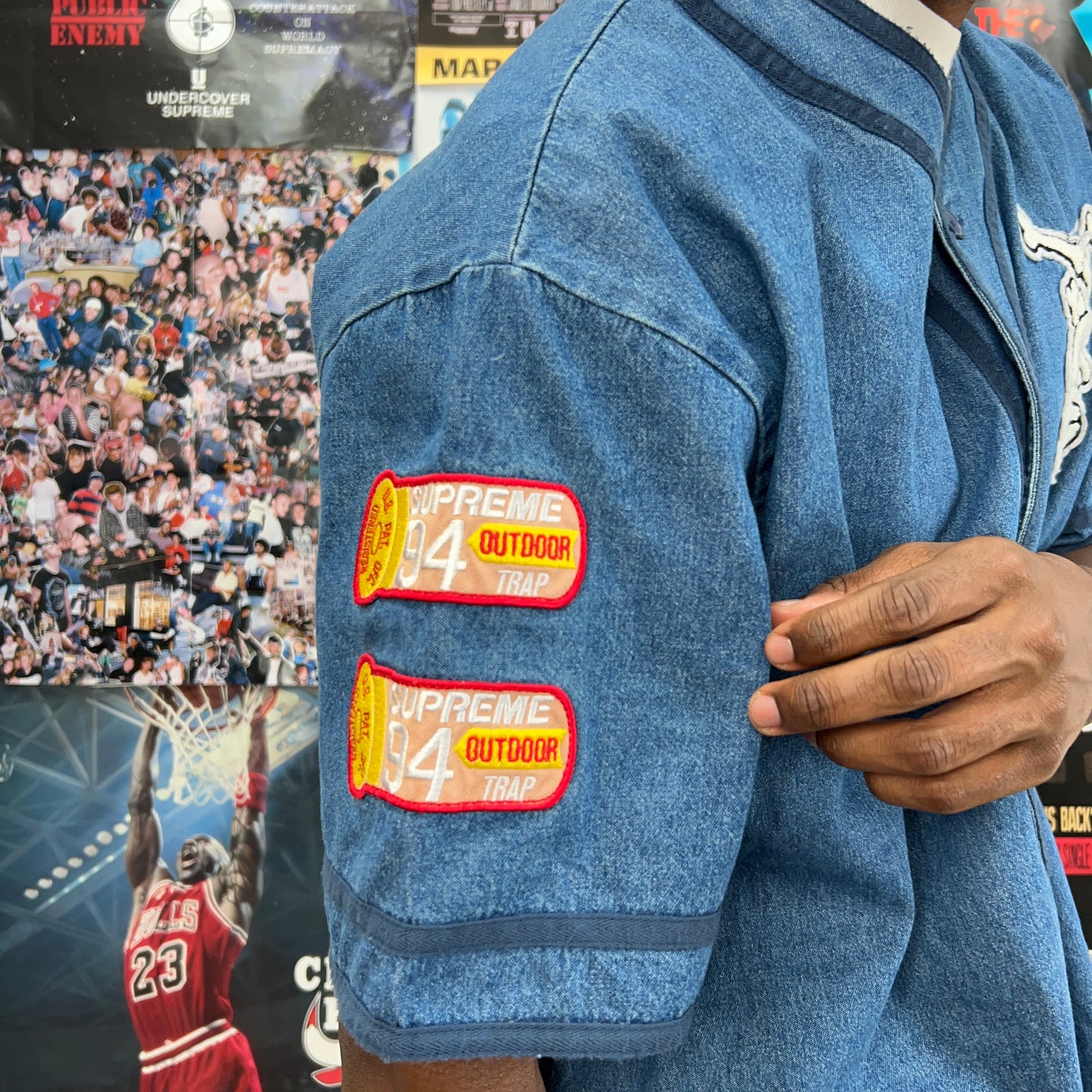 SUPREME SS21 PATCHES DENIM BASEBALL JERSEY
