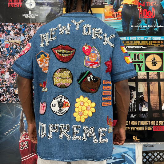 SUPREME SS21 PATCHES DENIM BASEBALL JERSEY
