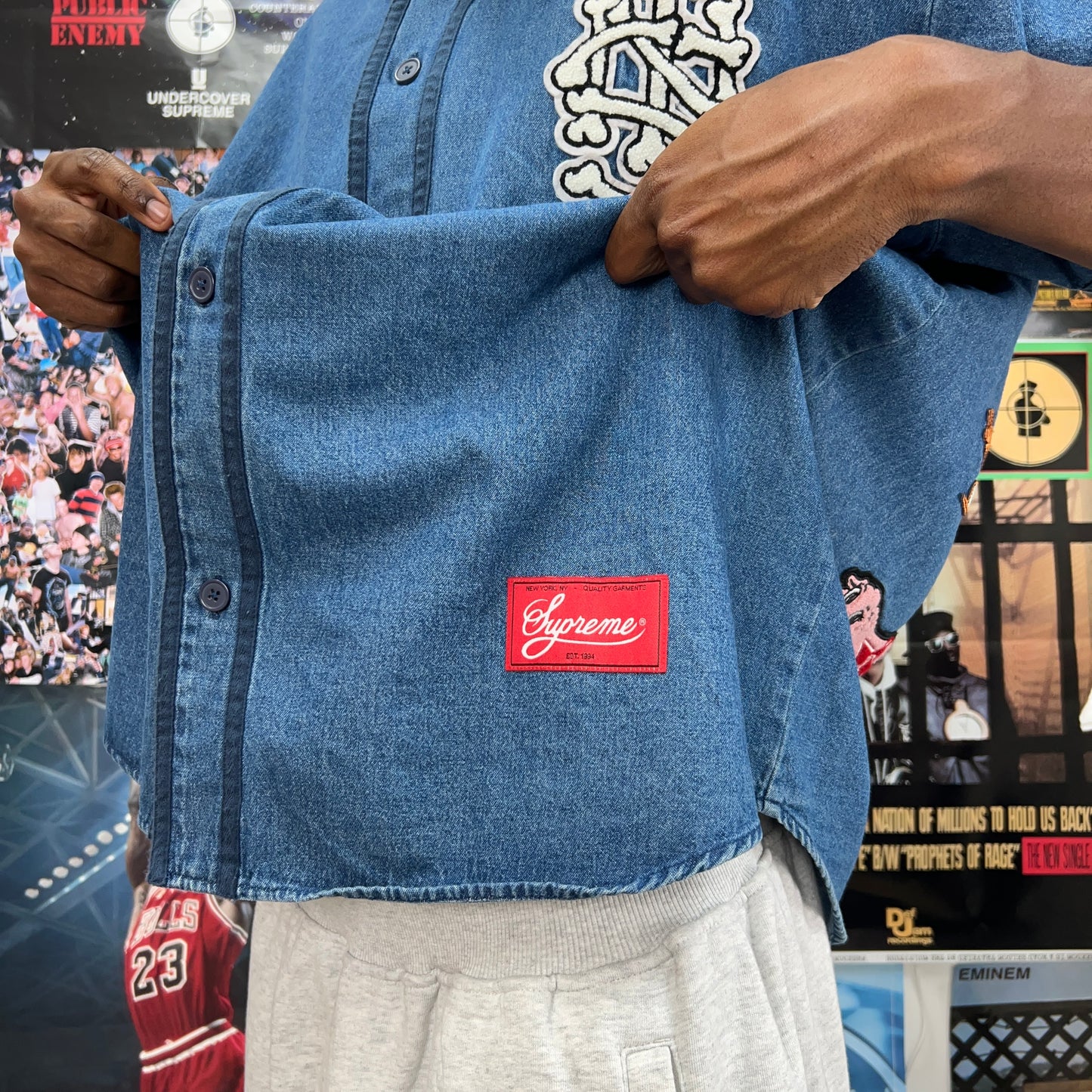 SUPREME SS21 PATCHES DENIM BASEBALL JERSEY