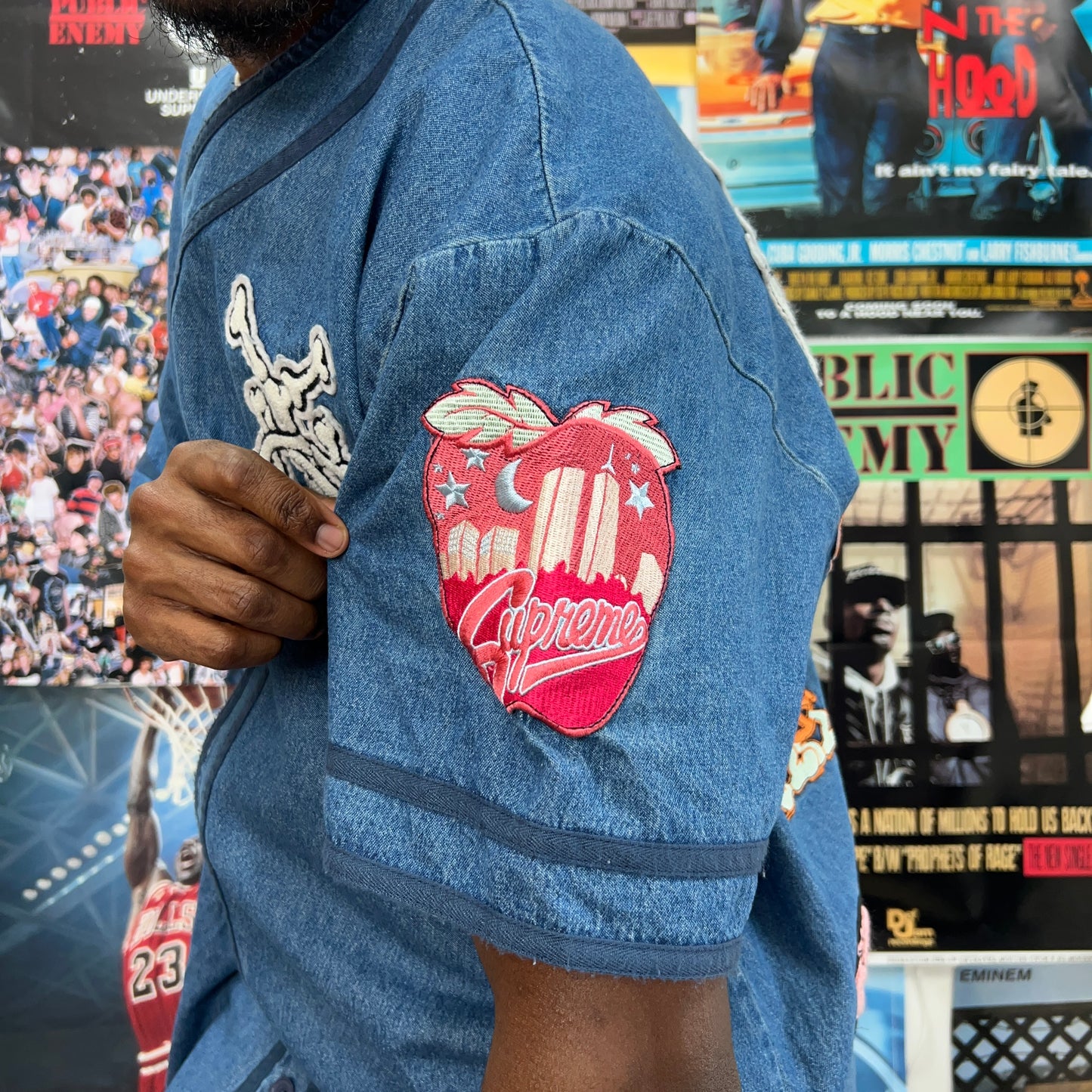 SUPREME SS21 PATCHES DENIM BASEBALL JERSEY