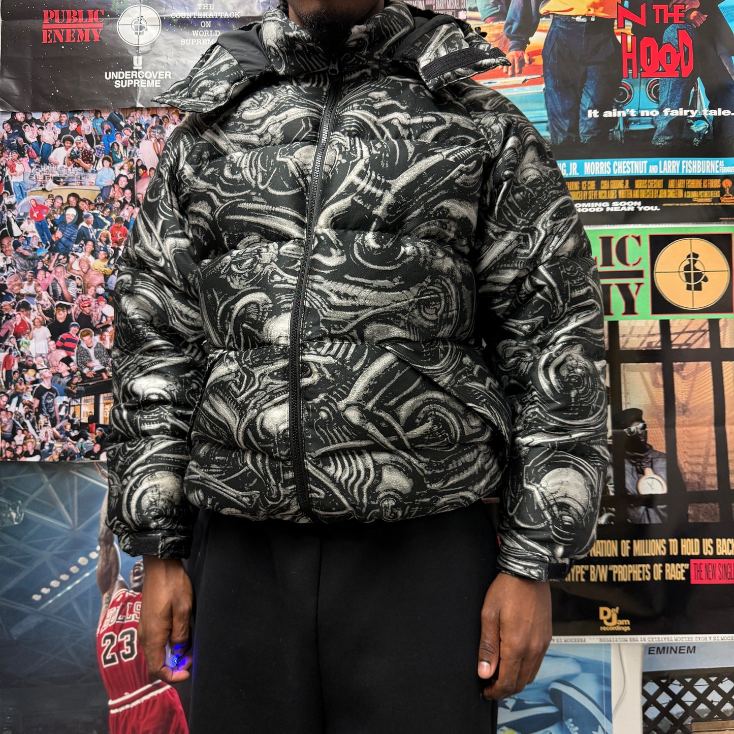 SUPREME H.R. GIGER FW23 JACQUARD DOWN PUFFER JACKET