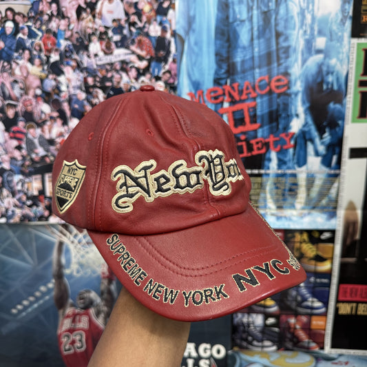 SUPREME FW25 RED NEW YORK LEATHER 6 PANEL CAP