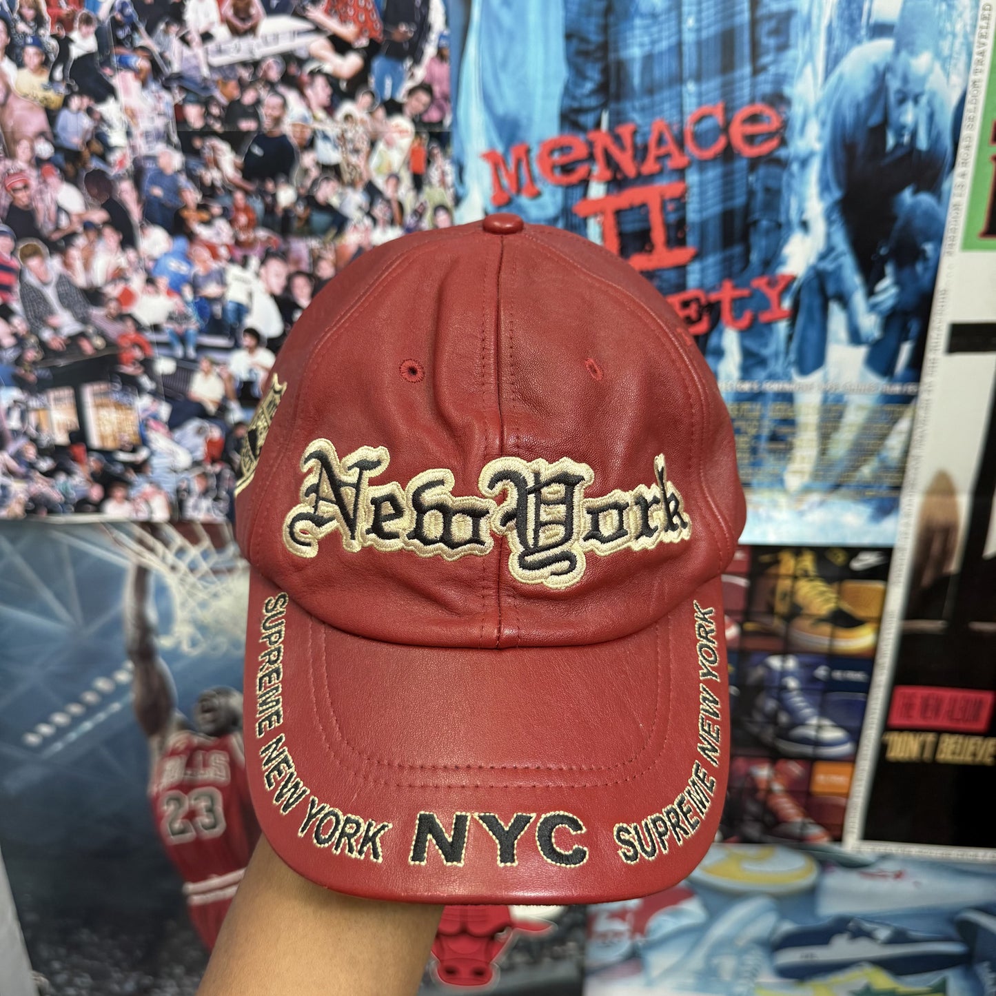 SUPREME FW25 RED NEW YORK LEATHER 6 PANEL CAP