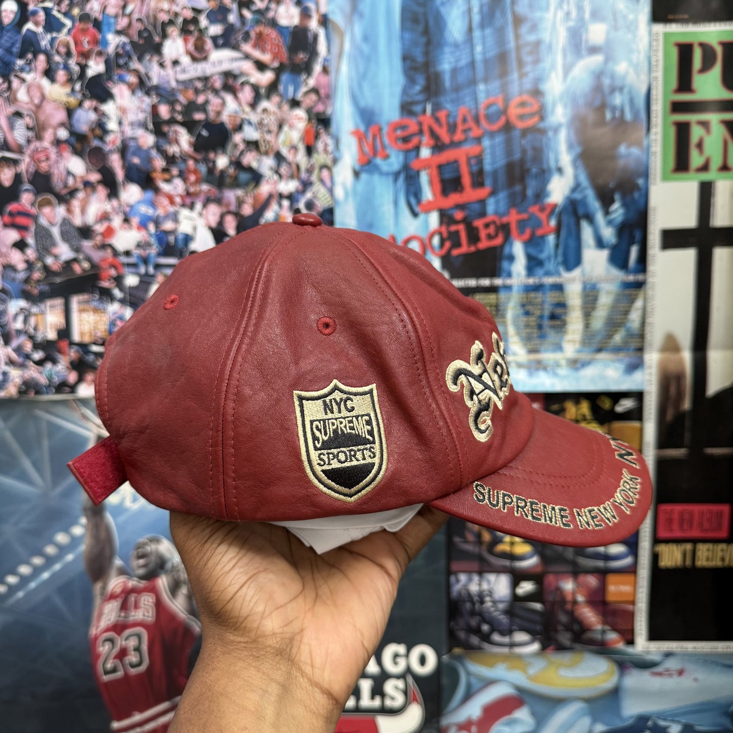 SUPREME FW25 RED NEW YORK LEATHER 6 PANEL CAP