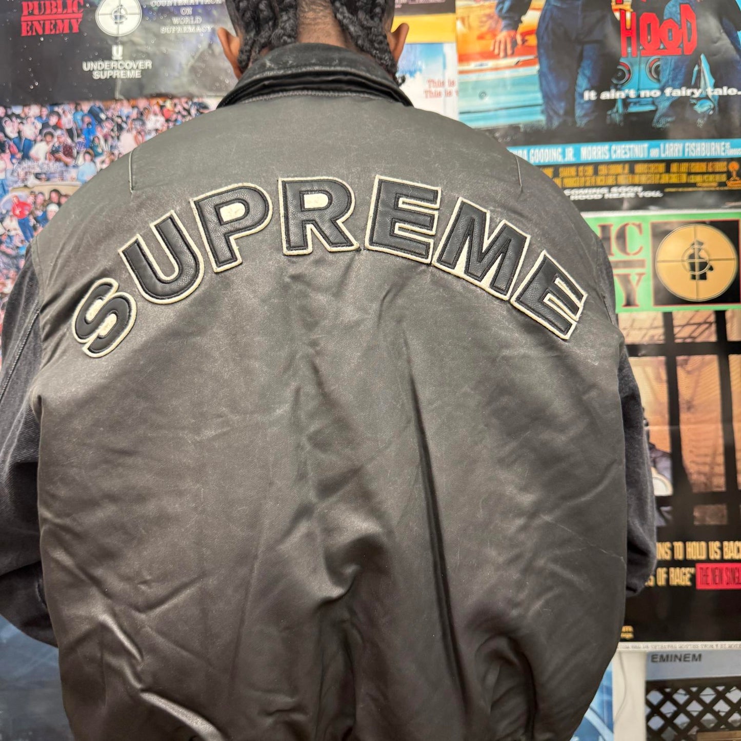 SUPREME SS23 DENIM SLEEVE MA-1 REVERSIBLE BOMBER JACKET