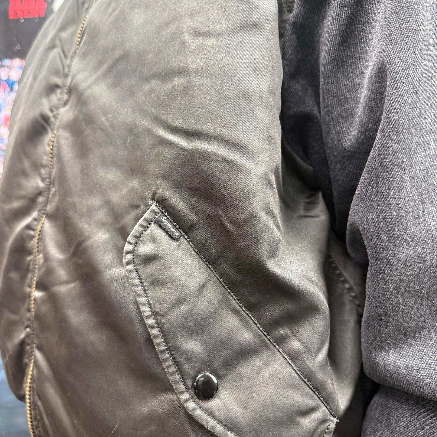 SUPREME SS23 DENIM SLEEVE MA-1 REVERSIBLE BOMBER JACKET