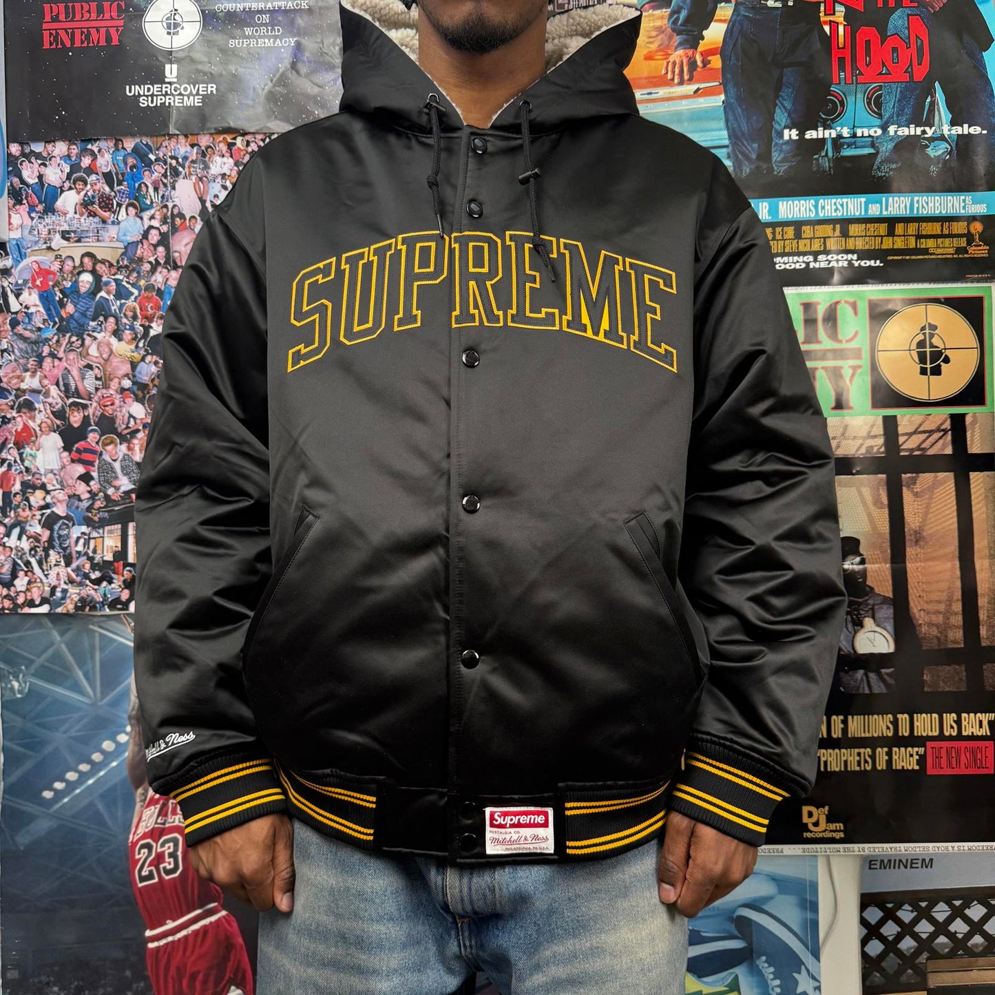 SUPREME FW25 MITCHELL & NESS LINED HOODED SATIN VARSITY JACKET