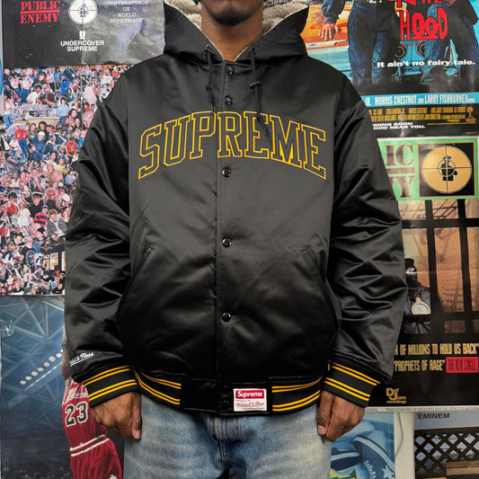 SUPREME FW25 MITCHELL & NESS LINED HOODED SATIN VARSITY JACKET