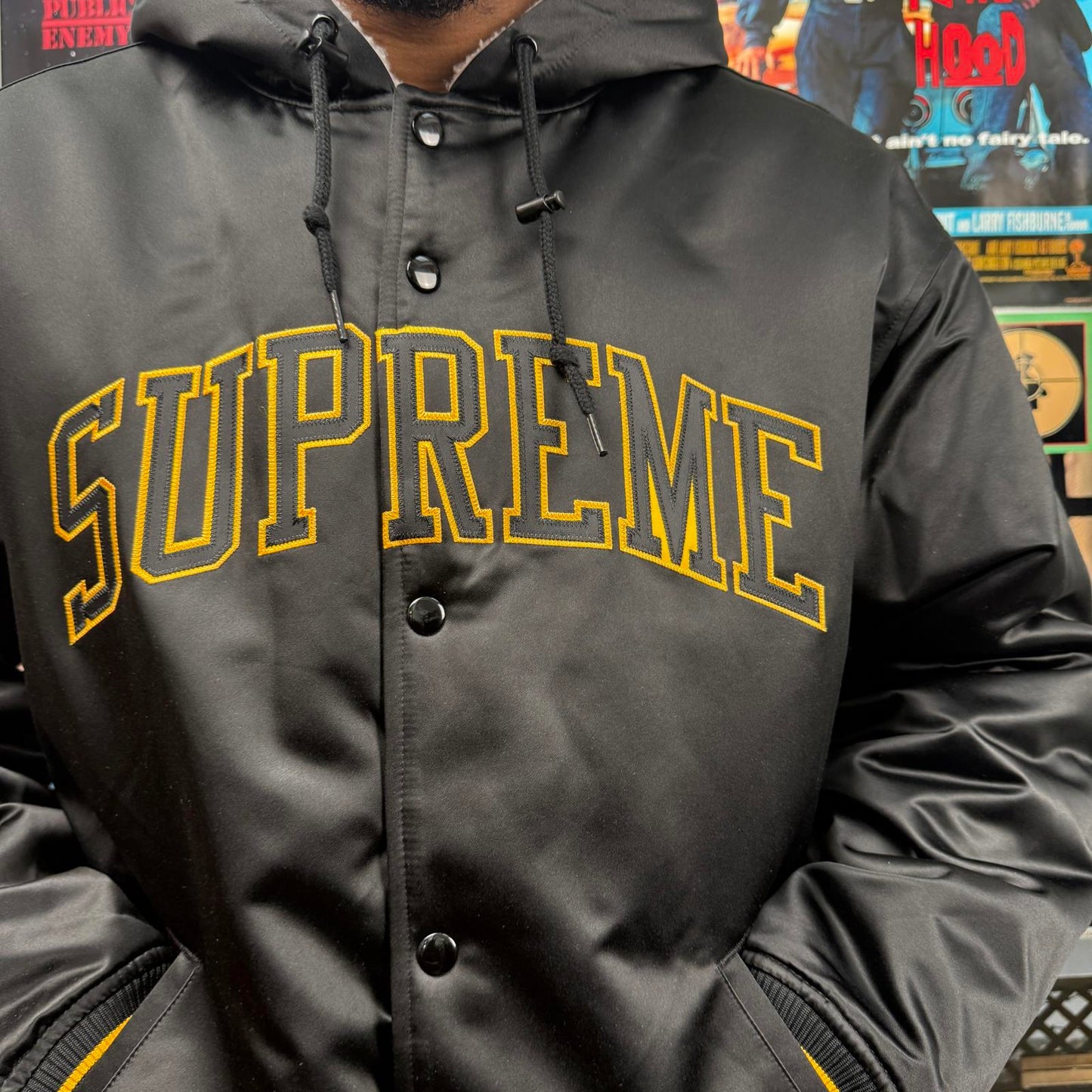SUPREME FW25 MITCHELL & NESS LINED HOODED SATIN VARSITY JACKET