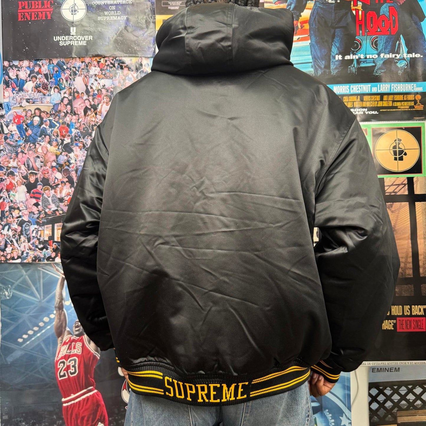 SUPREME FW25 MITCHELL & NESS LINED HOODED SATIN VARSITY JACKET