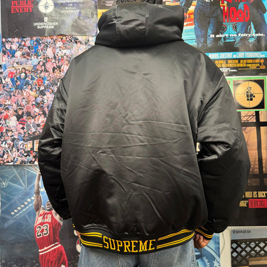 SUPREME FW25 MITCHELL & NESS LINED HOODED SATIN VARSITY JACKET
