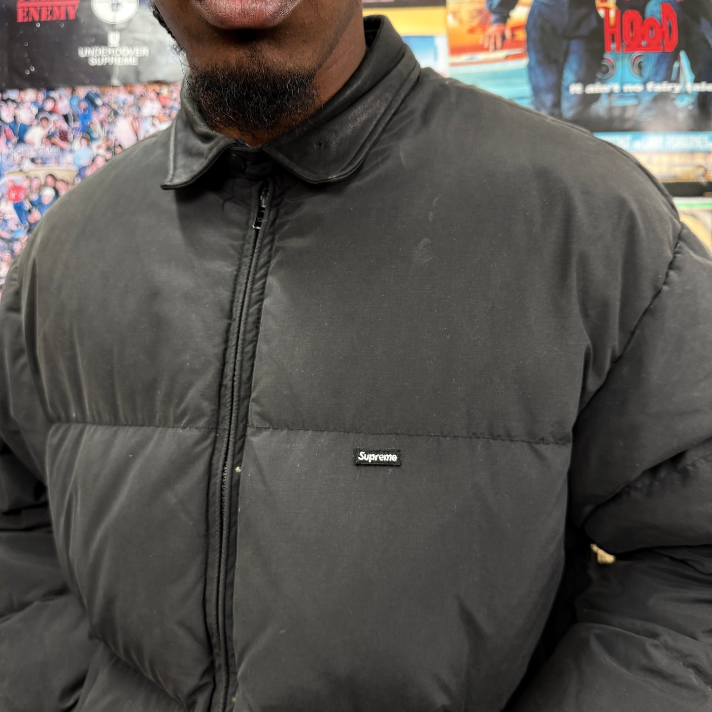 SUPREME FW19 SMALL BOX LEATHER COLLAR PUFFER JACKET