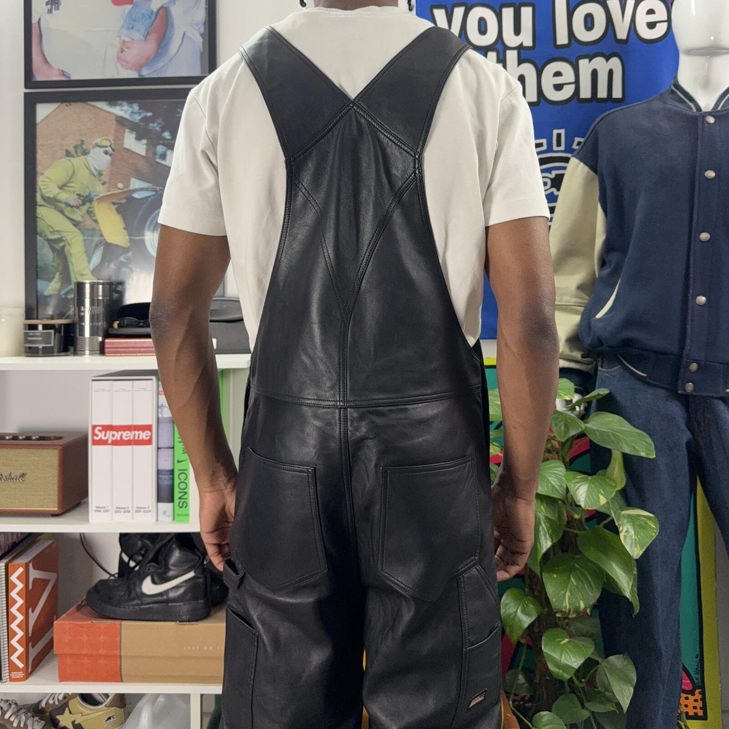 SUPREME FW23 DICKIES BLACK LEATHER OVERALLS