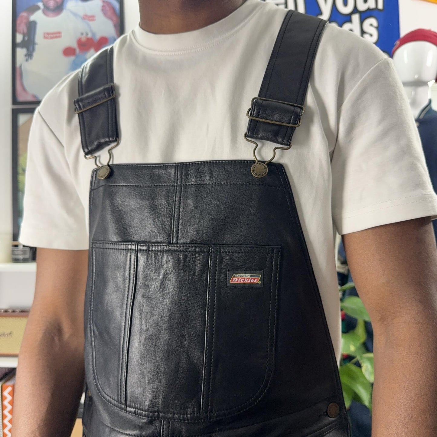 SUPREME FW23 DICKIES BLACK LEATHER OVERALLS