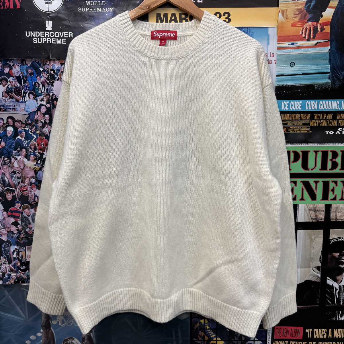 SUPREME FW25 CREAM ANGORA SCRIPT WOOL SWEATER