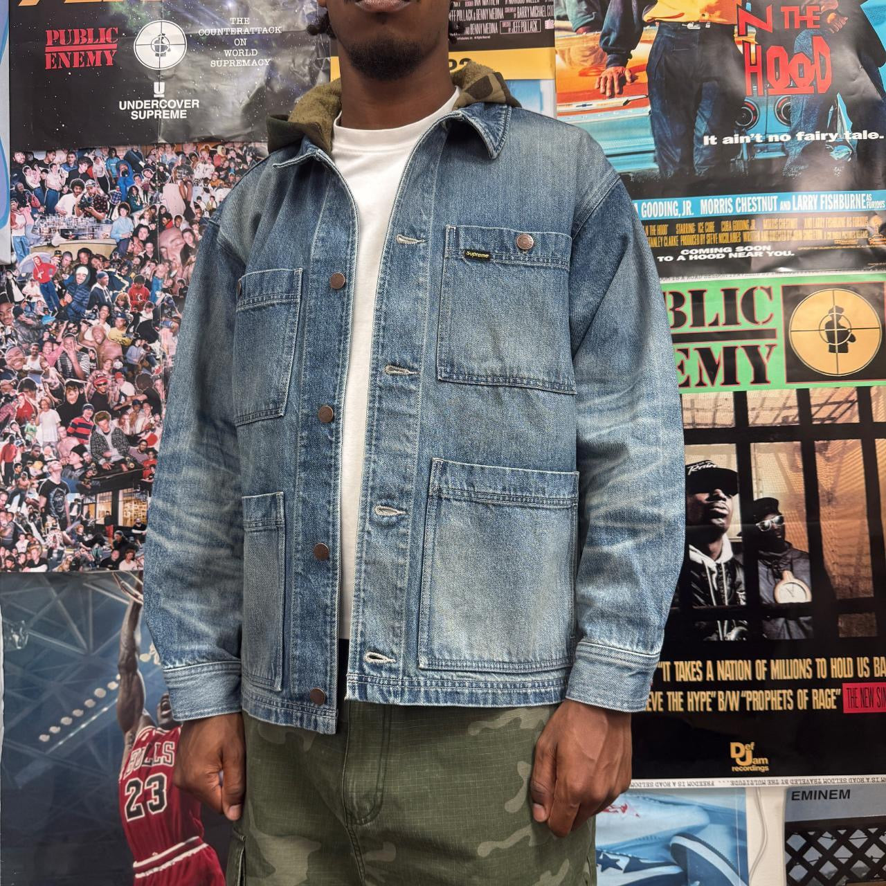 SUPREME SS25 DENIM WORN HOODED CHORE COAT