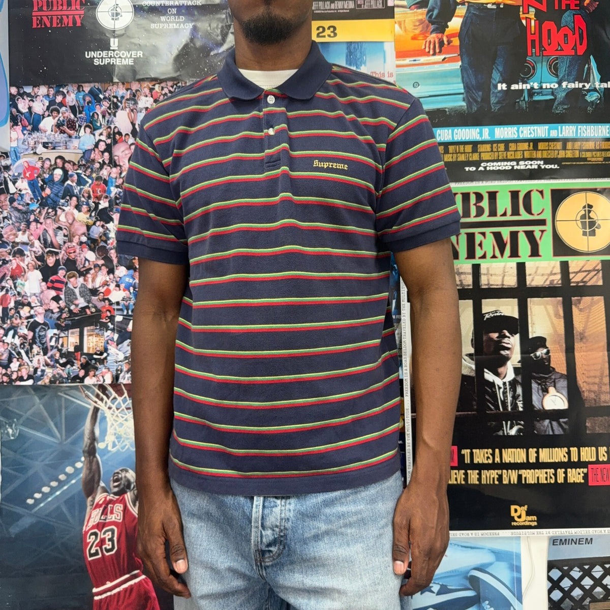 SUPREME SS26 WASHED STRIPED NAVY POLO SHIRT