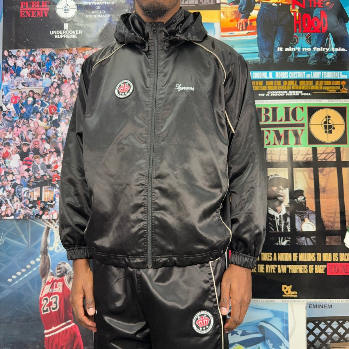 SUPREME SS24 BLACK SATIN HOODED TRACK JACKET