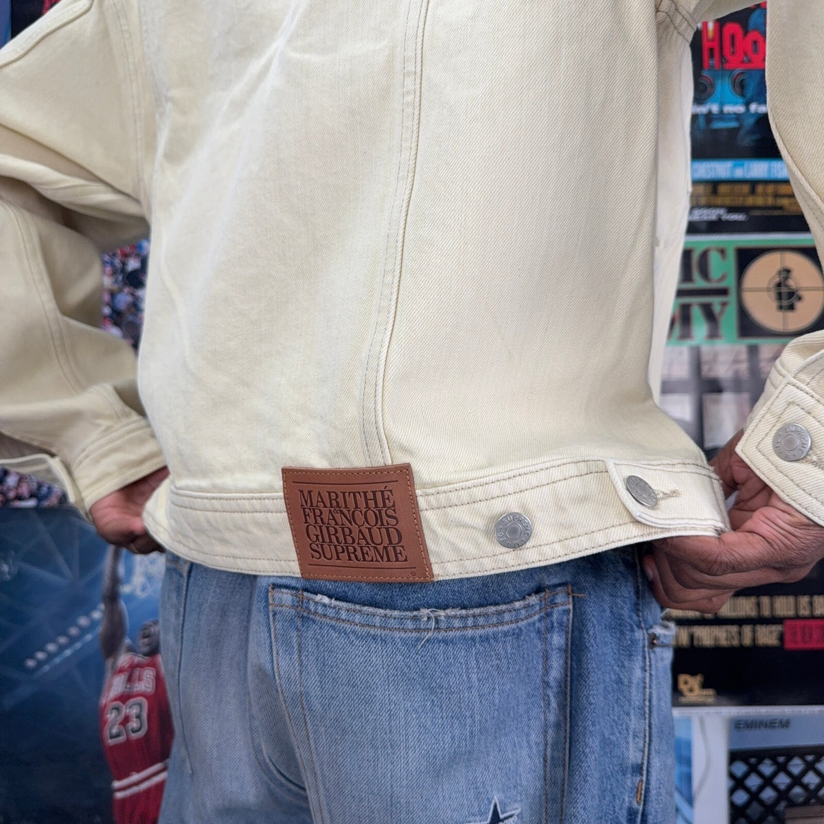 SUPREME MARITHE FRANCOIS GIRBAUD SS25 BEIGE DENIM TRUCKER JACKET
