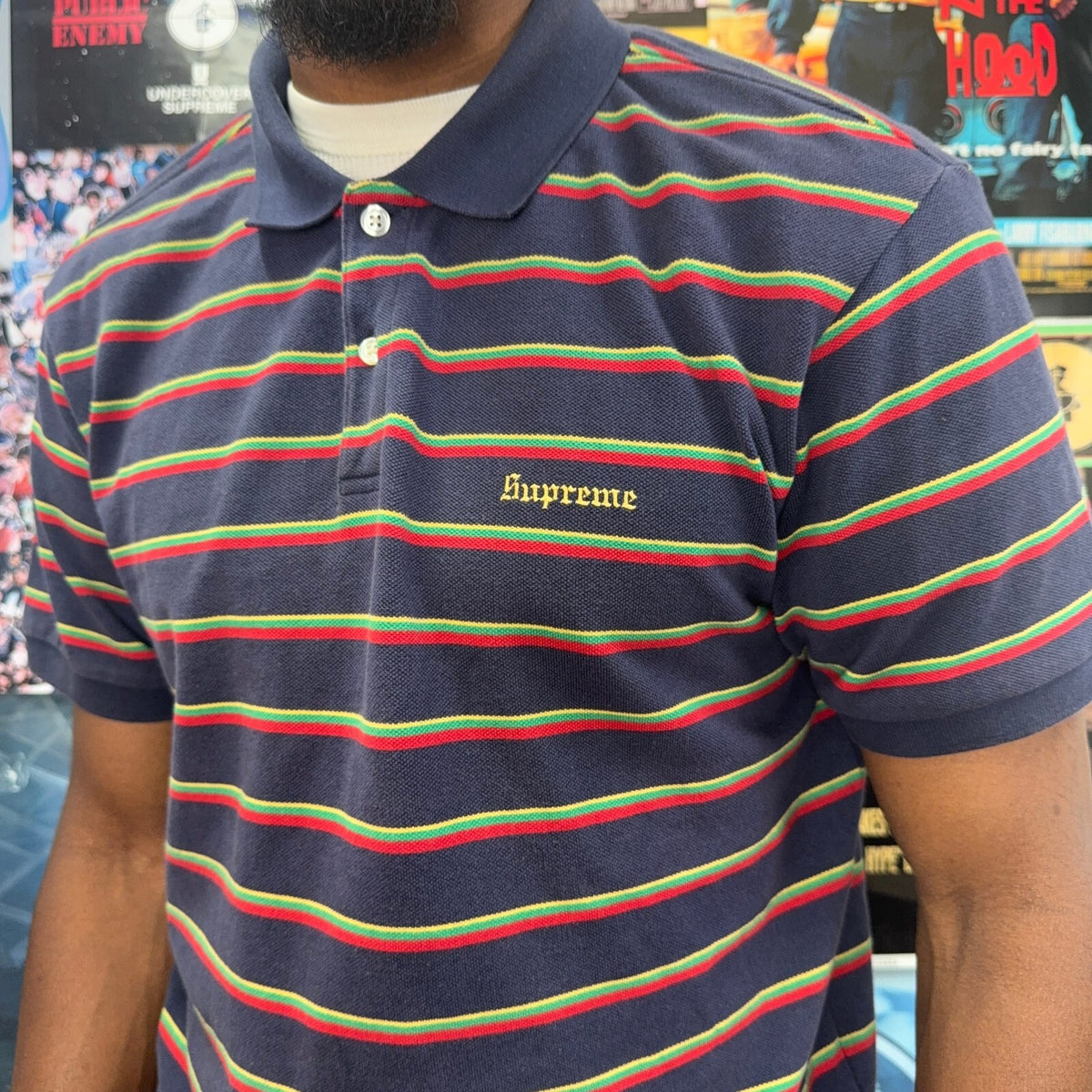 SUPREME SS26 WASHED STRIPED NAVY POLO SHIRT