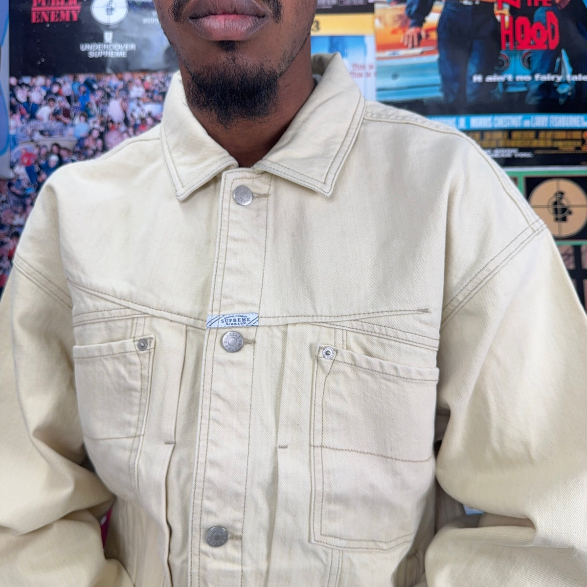 SUPREME MARITHE FRANCOIS GIRBAUD SS25 BEIGE DENIM TRUCKER JACKET