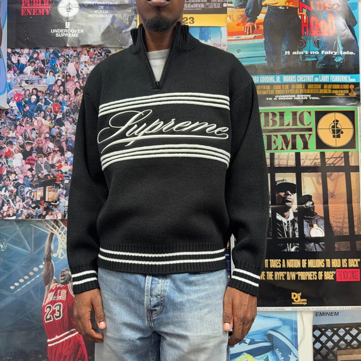 SUPREME FW25 SCRIPT STRIPE HALF ZIP SWEATER