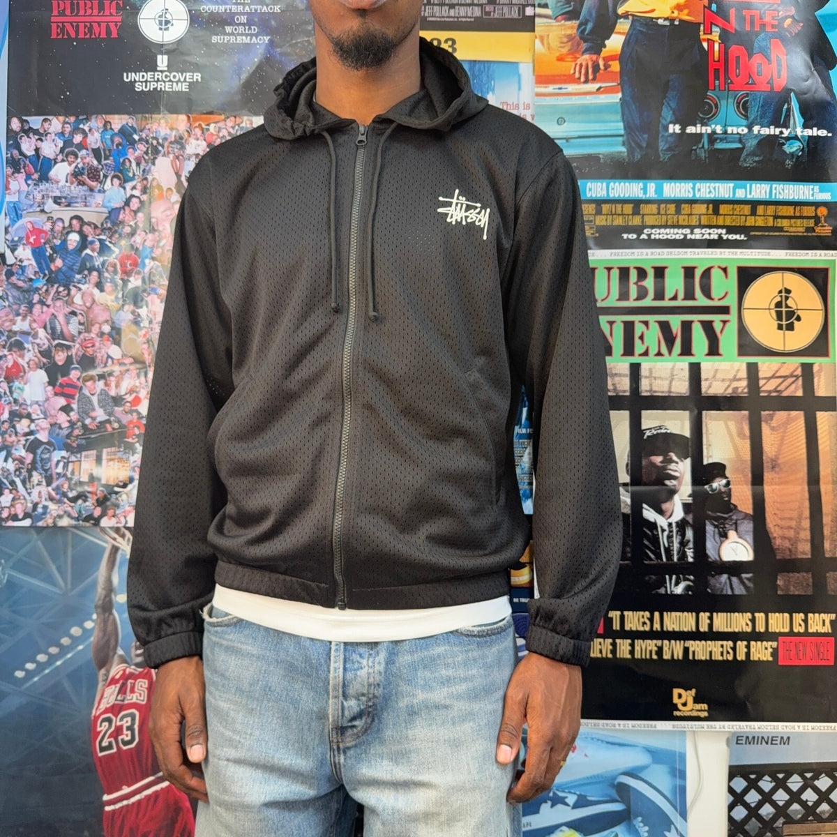 STUSSY BLACK ATHLETIC MESH HOODIE