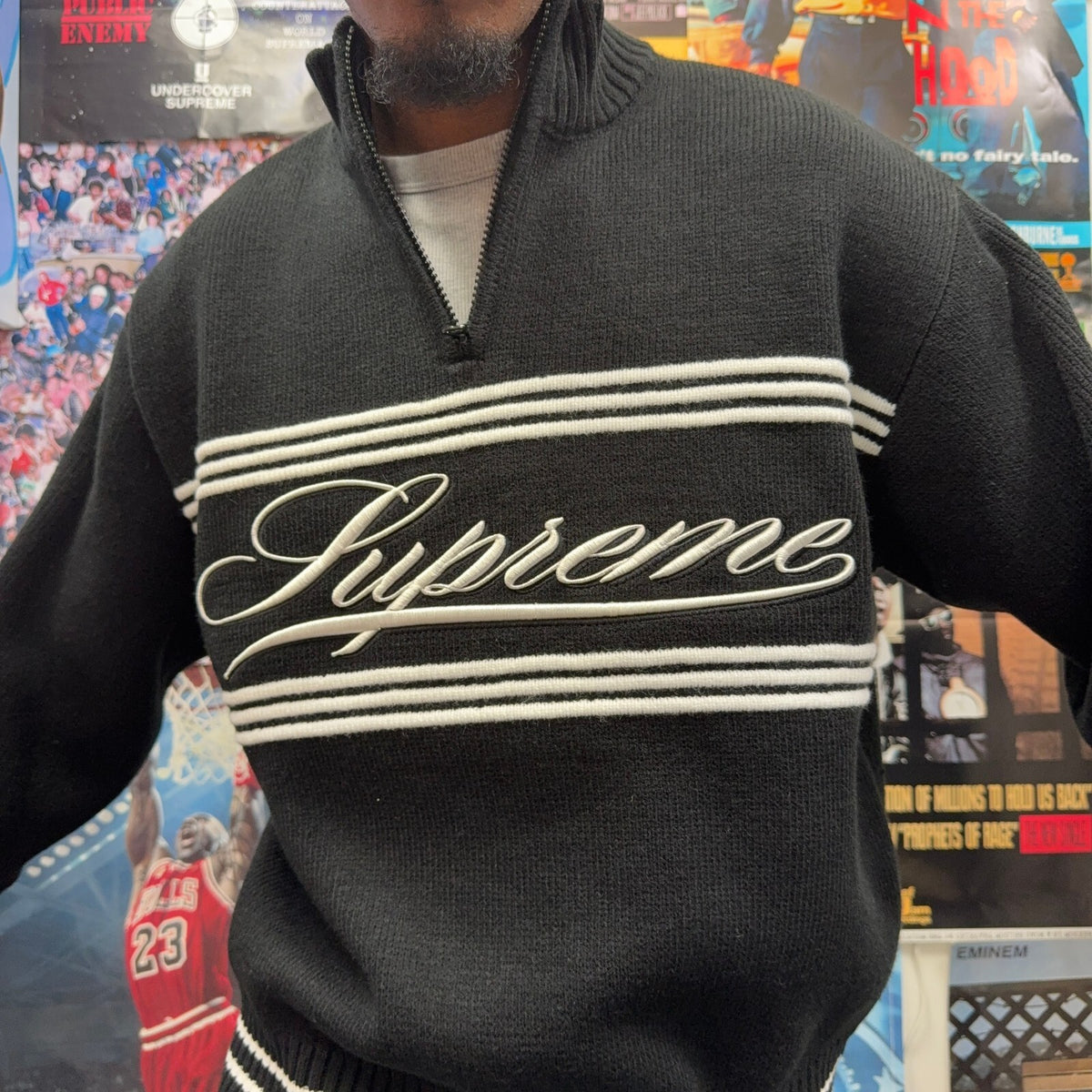 SUPREME FW25 SCRIPT STRIPE HALF ZIP SWEATER