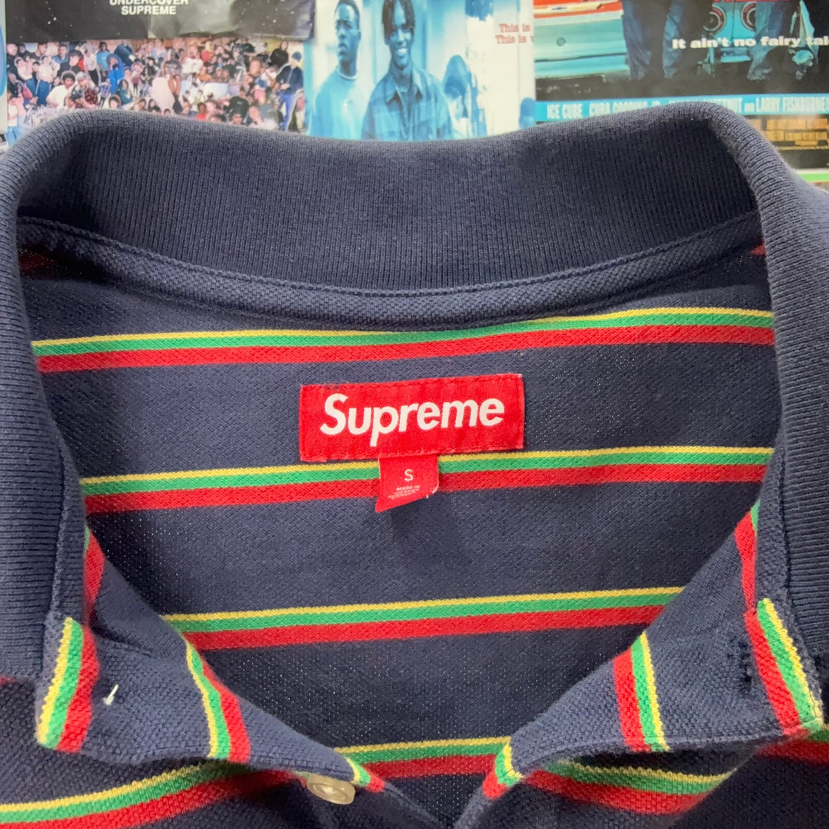 SUPREME SS26 WASHED STRIPED NAVY POLO SHIRT