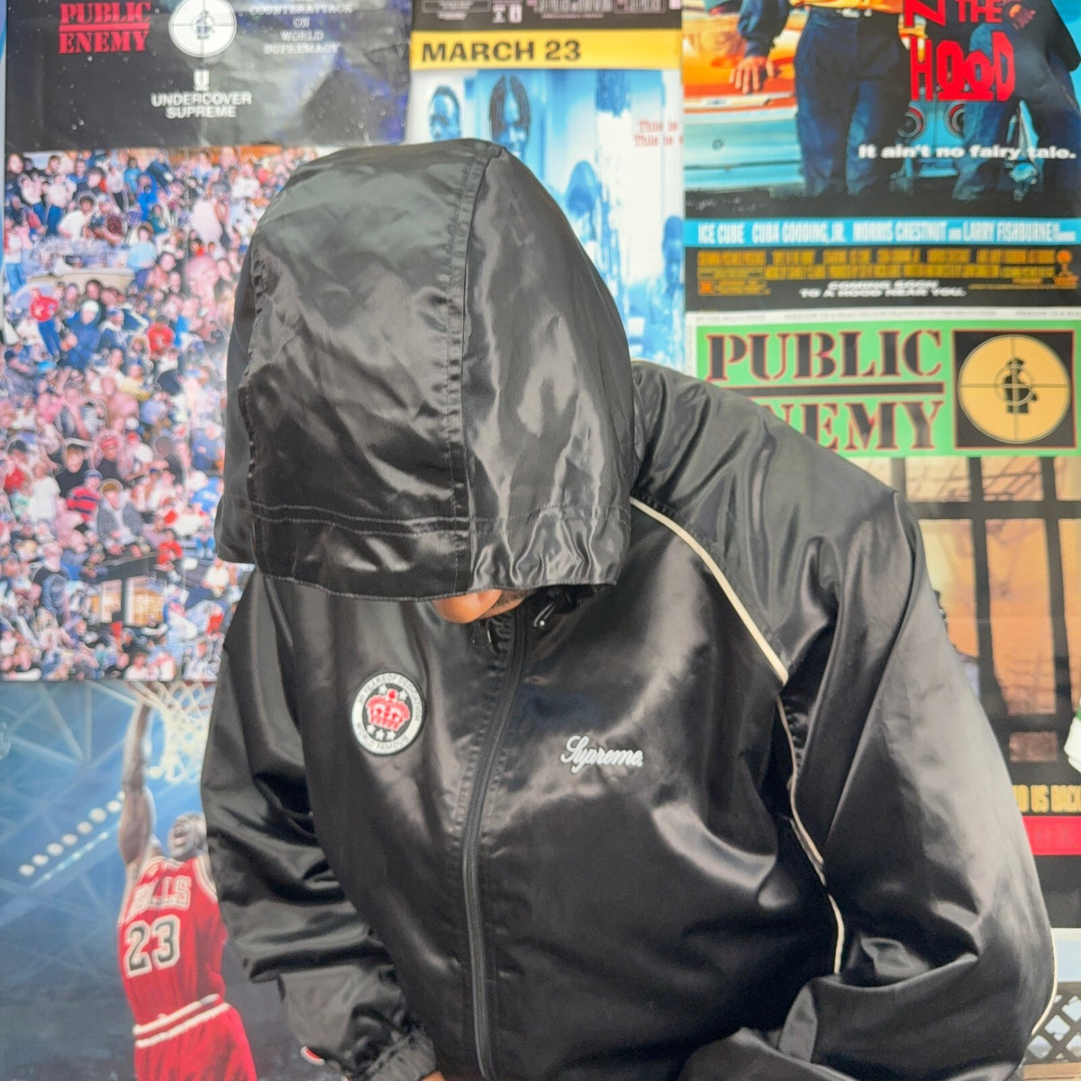 SUPREME SS24 BLACK SATIN HOODED TRACK JACKET