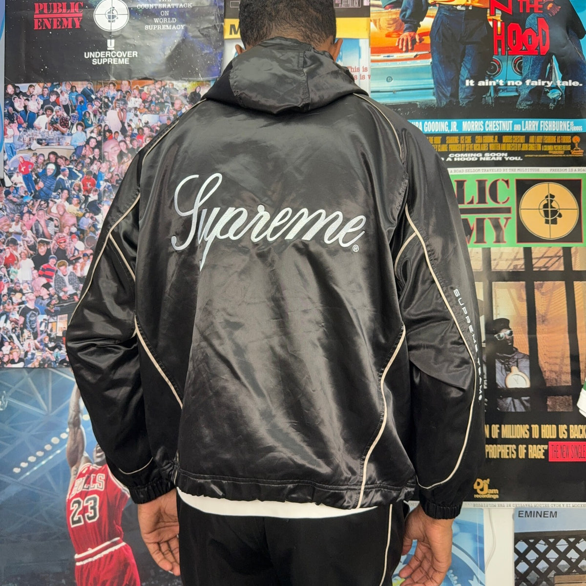 SUPREME SS24 BLACK SATIN HOODED TRACK JACKET
